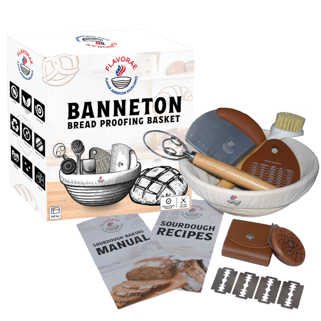 Flavorae Banneton Bread Proofing Basket with Liner for Sourdough Baking, Natural Rattan Dough Riser for Homemade Artisan Bread – Round 9 Inch Sourdough Starter Kit