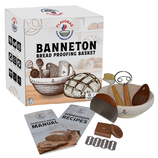 Flavorae Banneton Bread Proofing Basket with Liner for Sourdough Baking, Natural Rattan Dough Riser for Homemade Artisan Bread – Round 9 Inch Sourdough Starter Kit