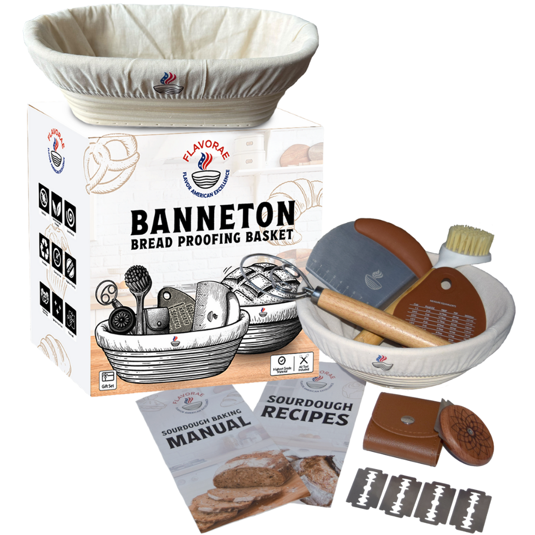 Bread Proofing Basket Set of 2 – Round 9” & Oval 10” Banneton with Liners, Sourdough Starter Kit, Natural Rattan Dough Proofing Baskets for Artisan Bread Baking